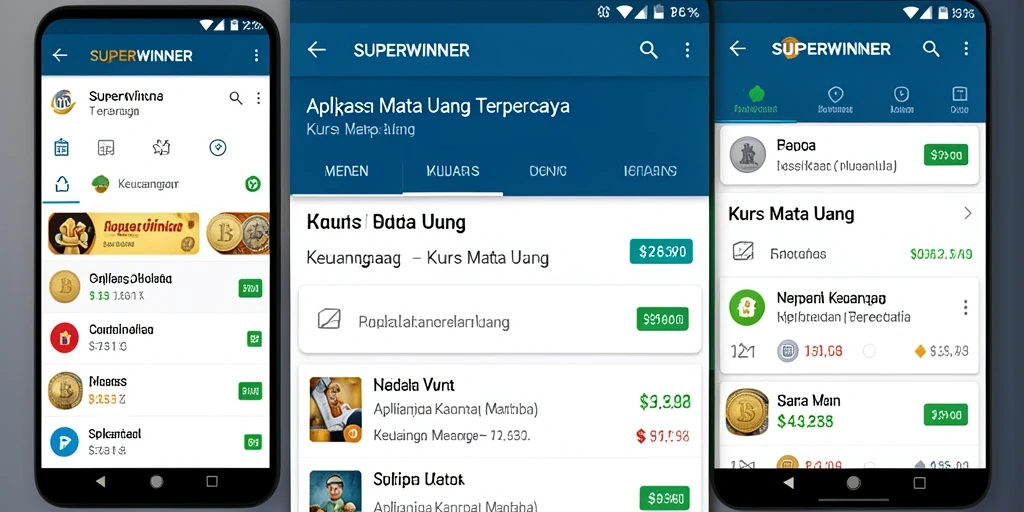 Antarmuka aplikasi SUPERWINNER menampilkan informasi kurs mata uang terkini.